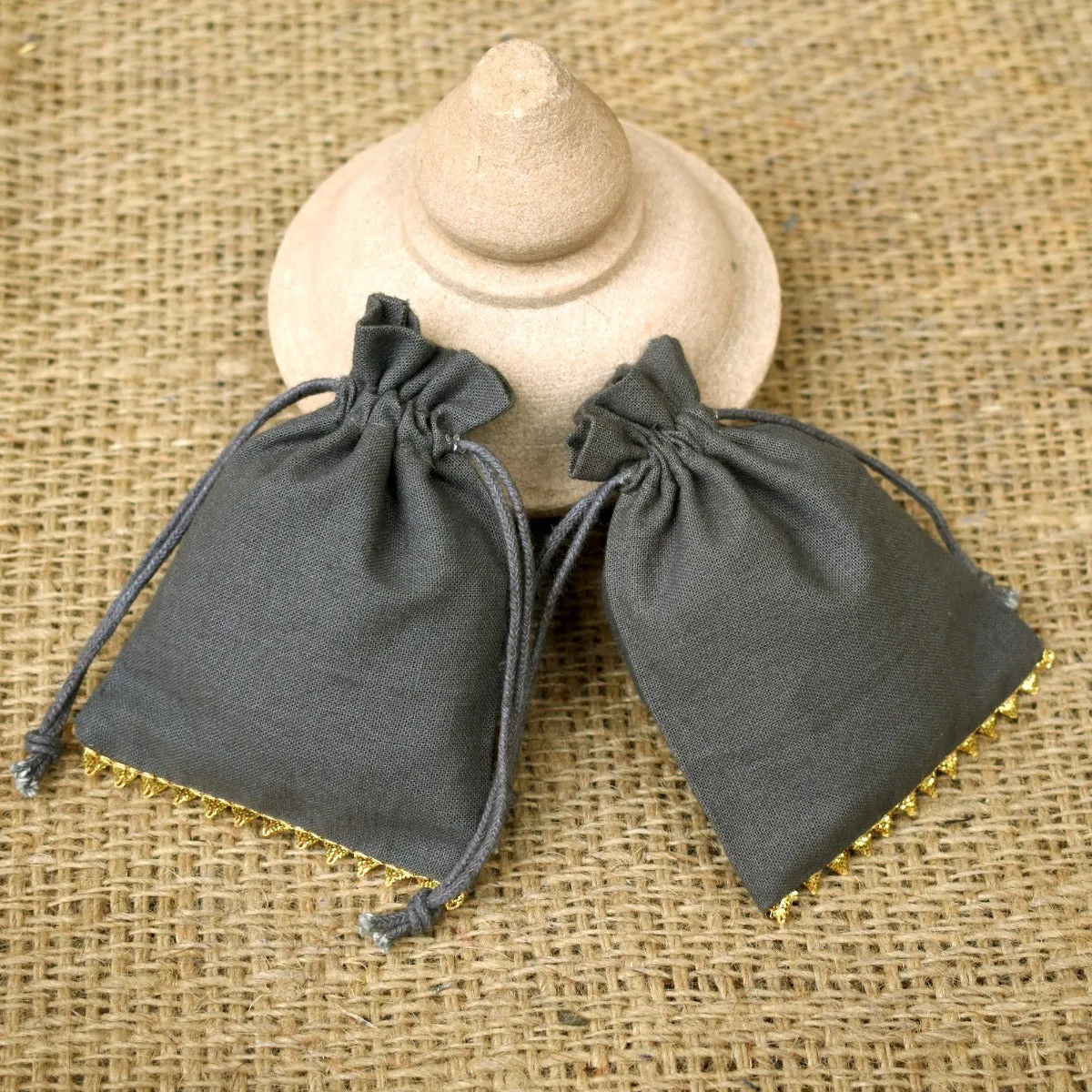 Personalized Logo Small Bags Drawstring Pouches Bottom Gold Lace Handmade Jewelry Grey Pouches – CraftJaipur