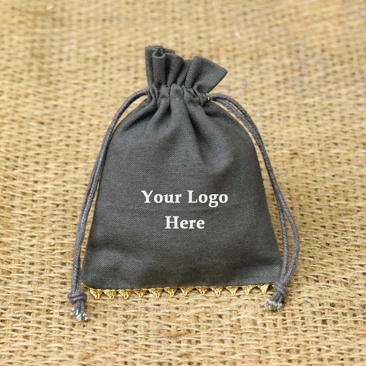 Personalized Logo Small Bags Drawstring Pouches Bottom Gold Lace Handmade Jewelry Grey Pouches – CraftJaipur