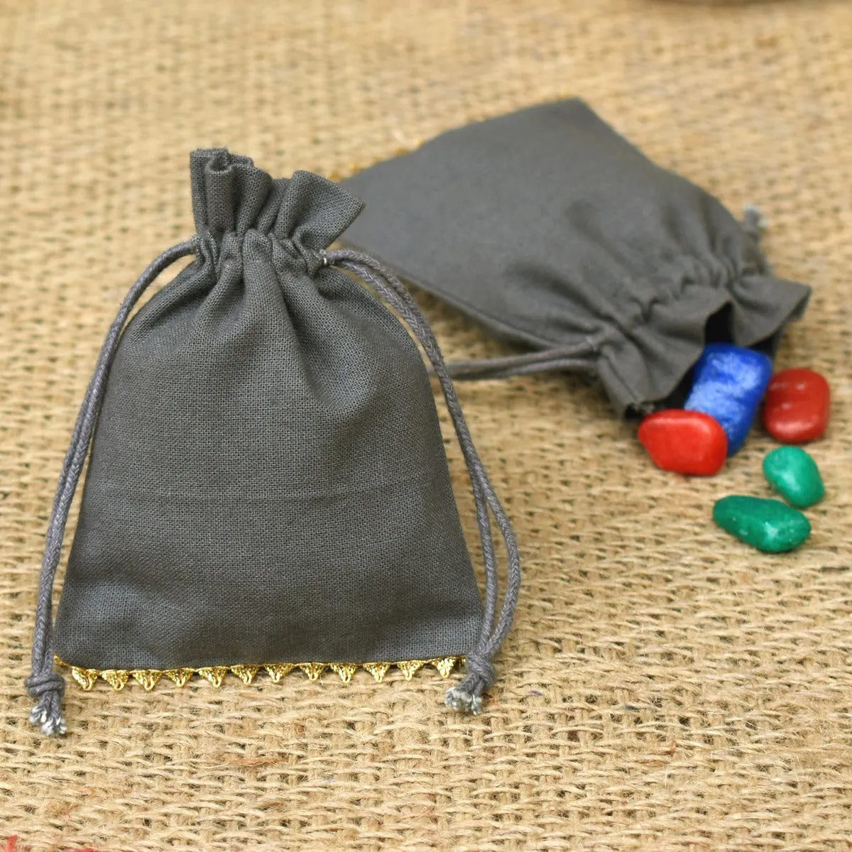 Personalized Logo Small Bags Drawstring Pouches Bottom Gold Lace Handmade Jewelry Grey Pouches – CraftJaipur
