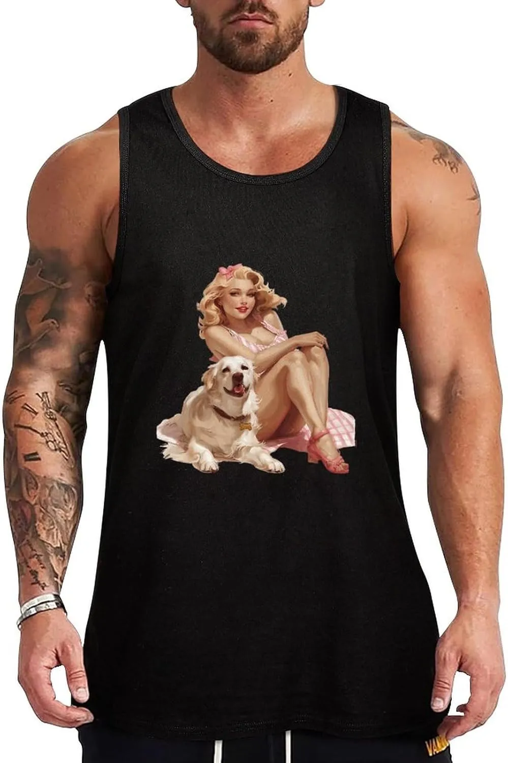 Pin Up and Dog Mens Tank Top Cotton Undershirt Crewneck Sleeveless Shirt for Summer