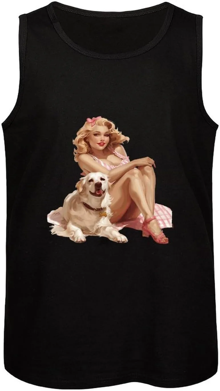 Pin Up and Dog Mens Tank Top Cotton Undershirt Crewneck Sleeveless Shirt for Summer