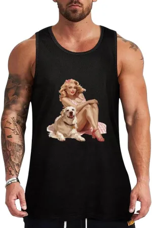 Pin Up and Dog Mens Tank Top Cotton Undershirt Crewneck Sleeveless Shirt for Summer