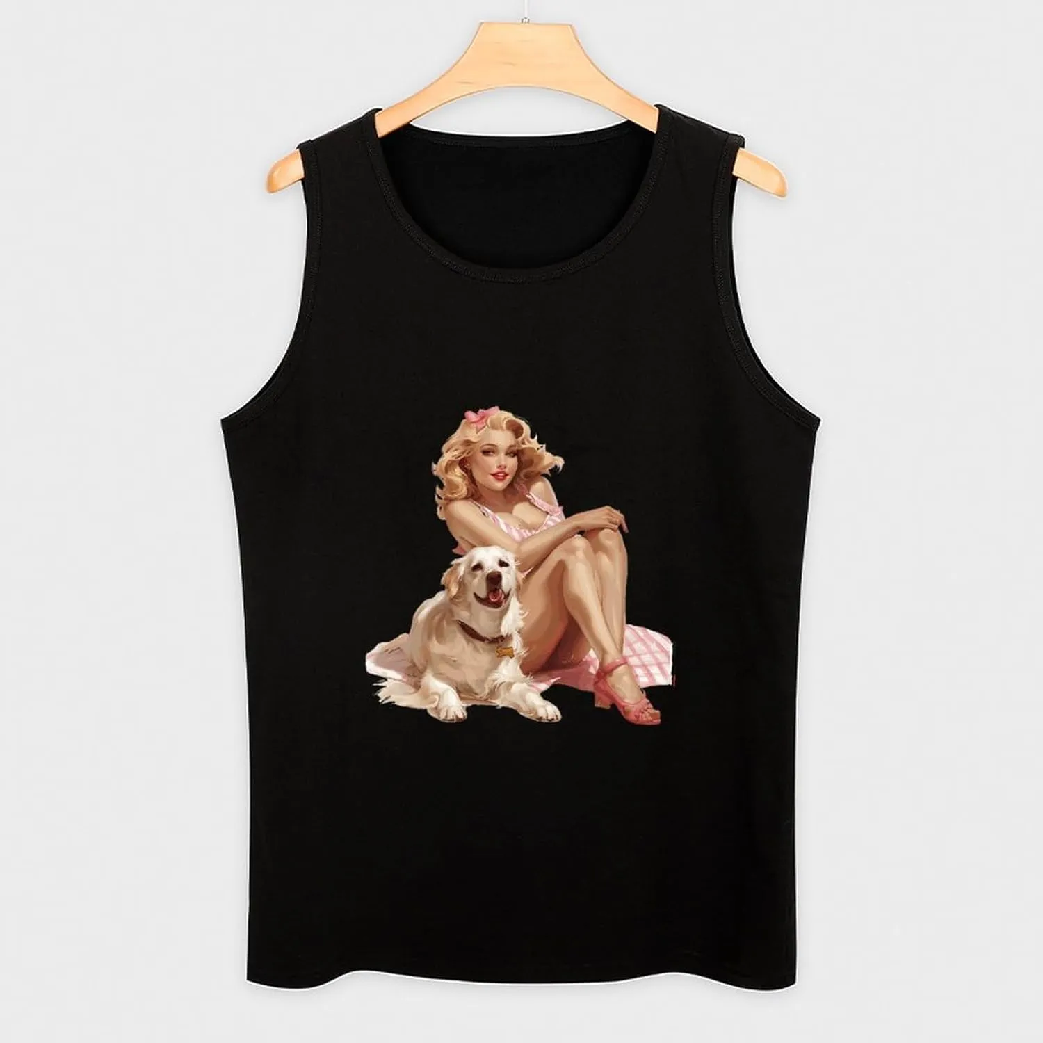 Pin Up and Dog Mens Tank Top Cotton Undershirt Crewneck Sleeveless Shirt for Summer