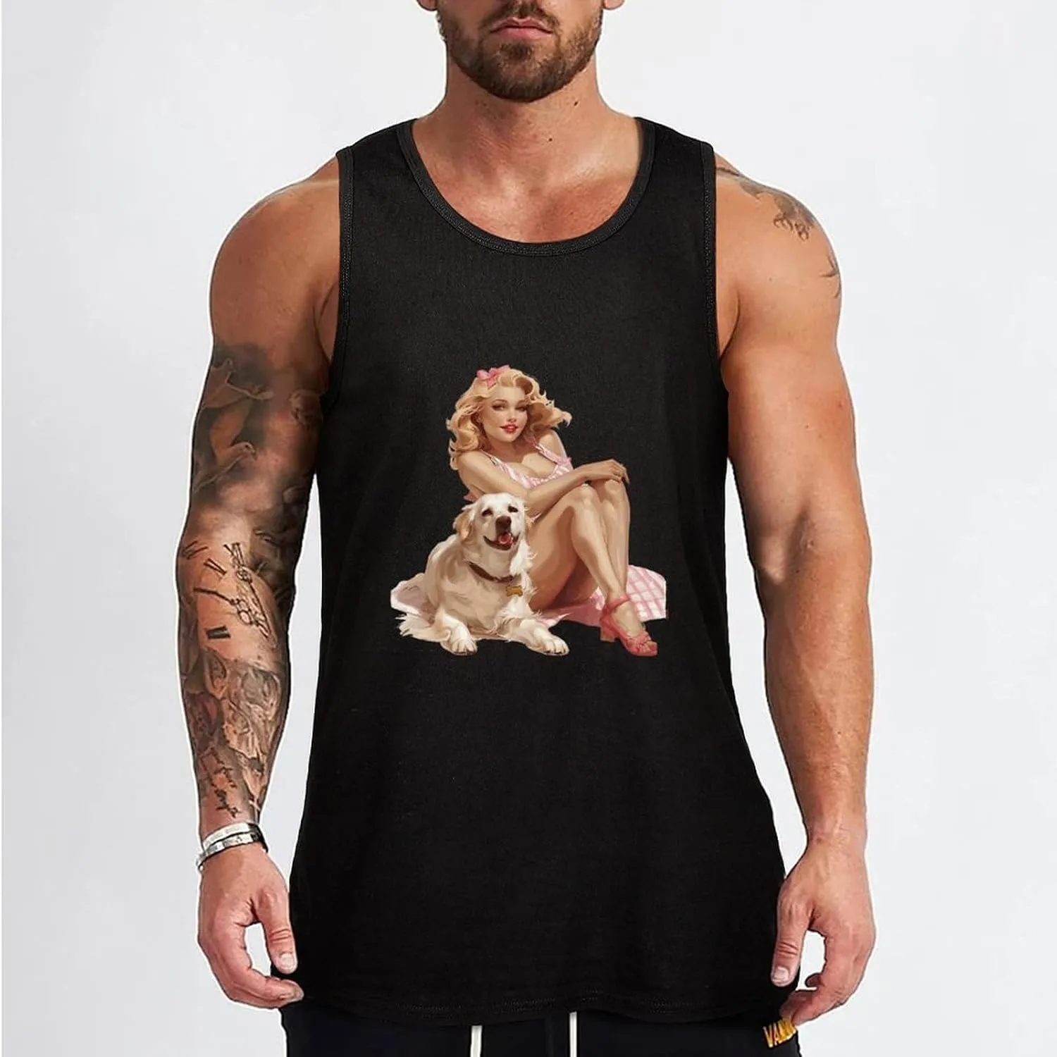 Pin Up and Dog Mens Tank Top Cotton Undershirt Crewneck Sleeveless Shirt for Summer