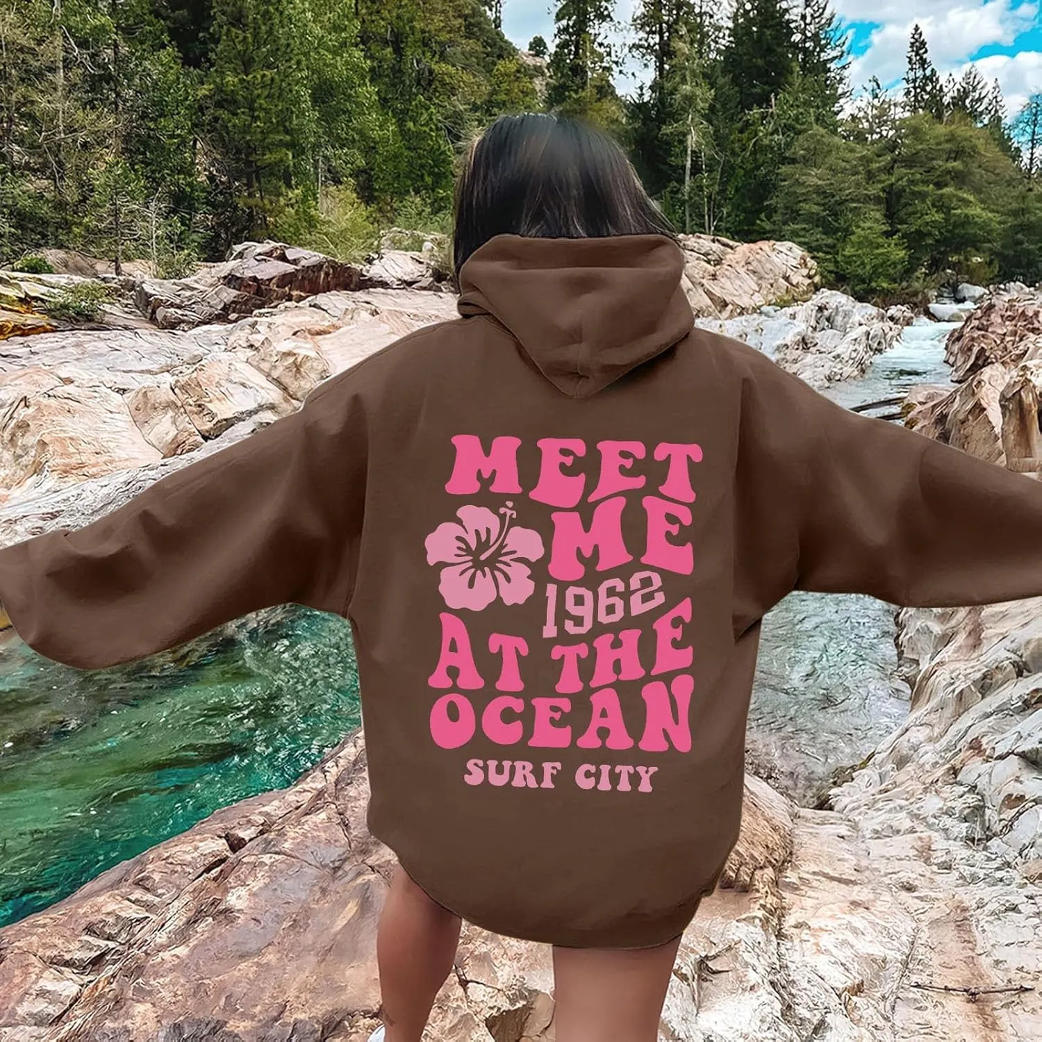 Pink Graphic Oversized Hoodies for Women Teen Girls 2024 Trendy Cute Preppy Sweatshirts Long Sleeve Y2K Tops Pullover
