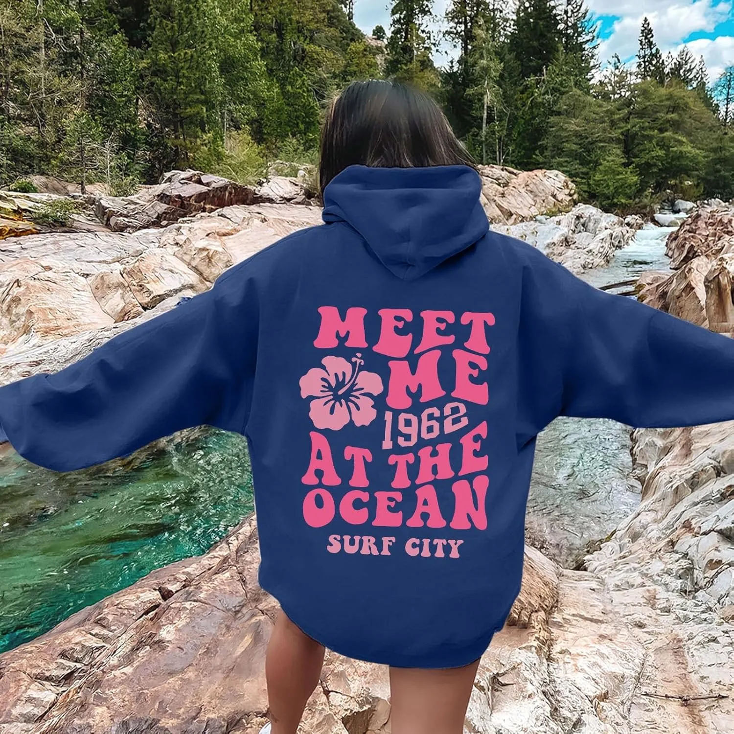 Pink Graphic Oversized Hoodies for Women Teen Girls 2024 Trendy Cute Preppy Sweatshirts Long Sleeve Y2K Tops Pullover