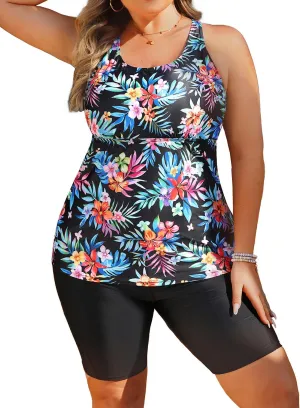 Plus Size Tankini with Shorts - Women Two Piece Bathing Suit Top Tummy Control Swimwear Bottom with Pockets