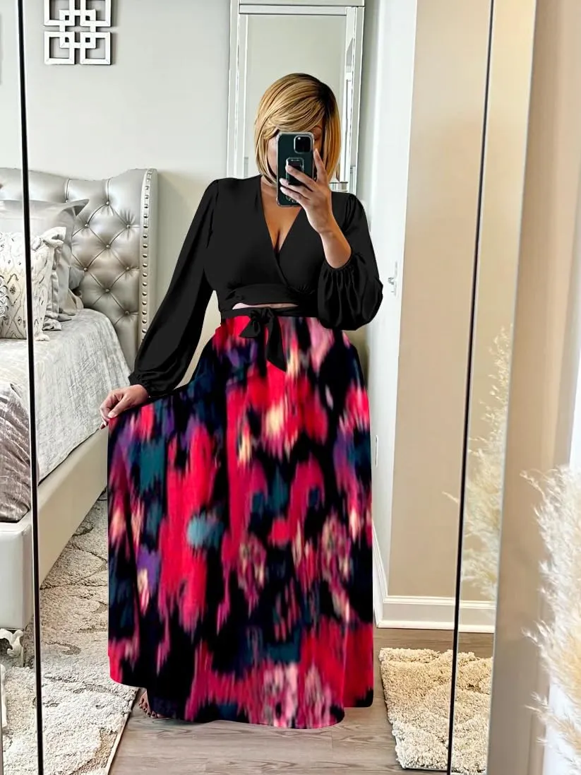 Plus Size Women's 2 Piece Outfits Casual Long Sleeve Wrap Crop Top Maxi Long Dress Flowy Matching Sets