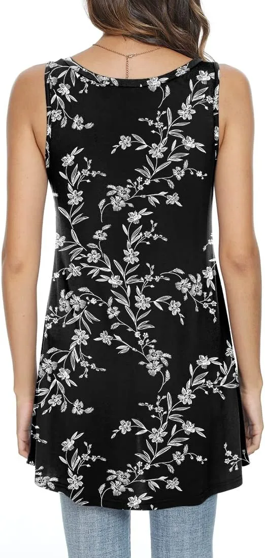 POPYOUNG Women's Long Tunic Tank to Wear with Leggings Summer V-Neck Sleeveless Tops Loose Shirts