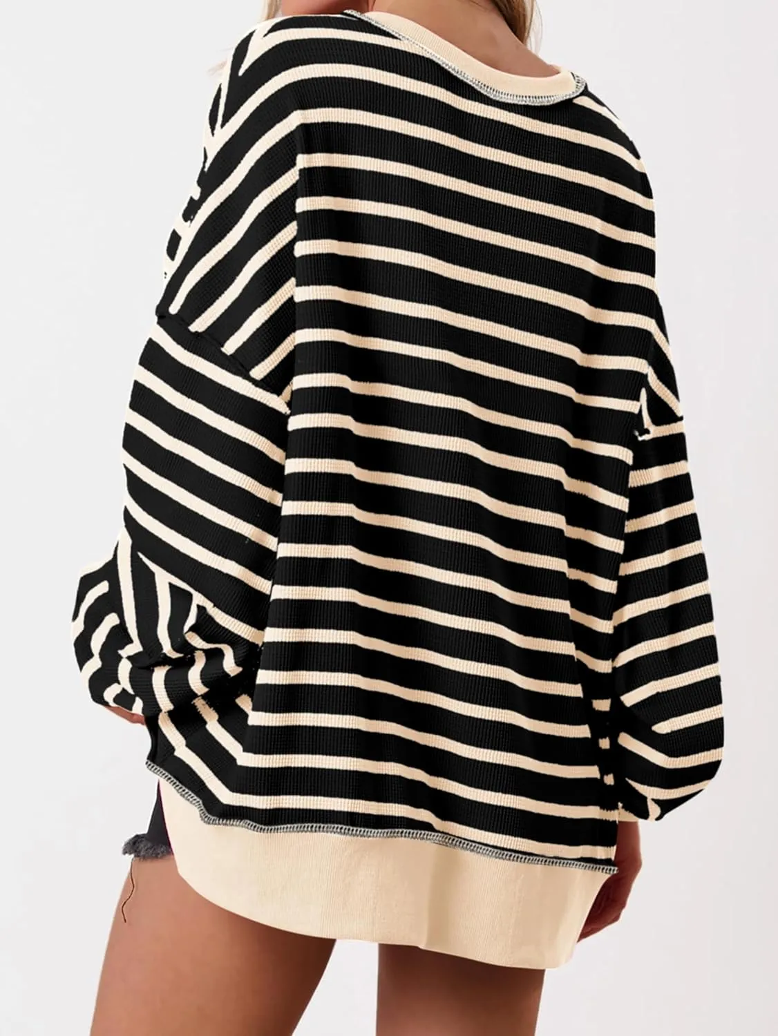 PRETTYGARDEN Womens Fall 2025 Striped Oversized Sweatshirt Long Sleeve Button Up Henley Neck Waffle Knit Pullover Tunic Tops