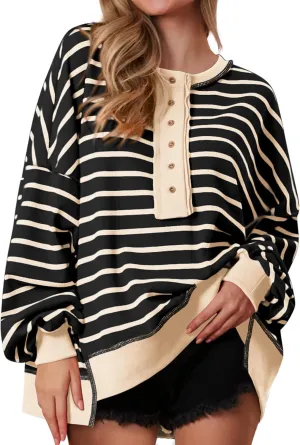 PRETTYGARDEN Womens Fall 2025 Striped Oversized Sweatshirt Long Sleeve Button Up Henley Neck Waffle Knit Pullover Tunic Tops