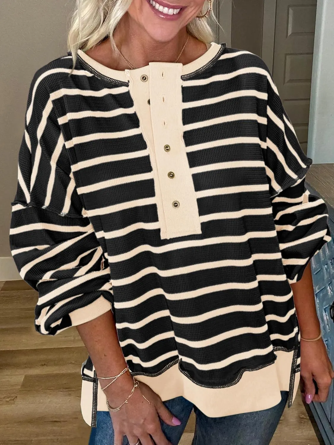 PRETTYGARDEN Womens Fall 2025 Striped Oversized Sweatshirt Long Sleeve Button Up Henley Neck Waffle Knit Pullover Tunic Tops