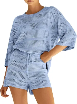 PRETTYGARDEN Women's Summer 2 Piece Cover up Knit Swimsuit Short Sleeve Tops Shorts Sets Bathing Suit Beach Outfits