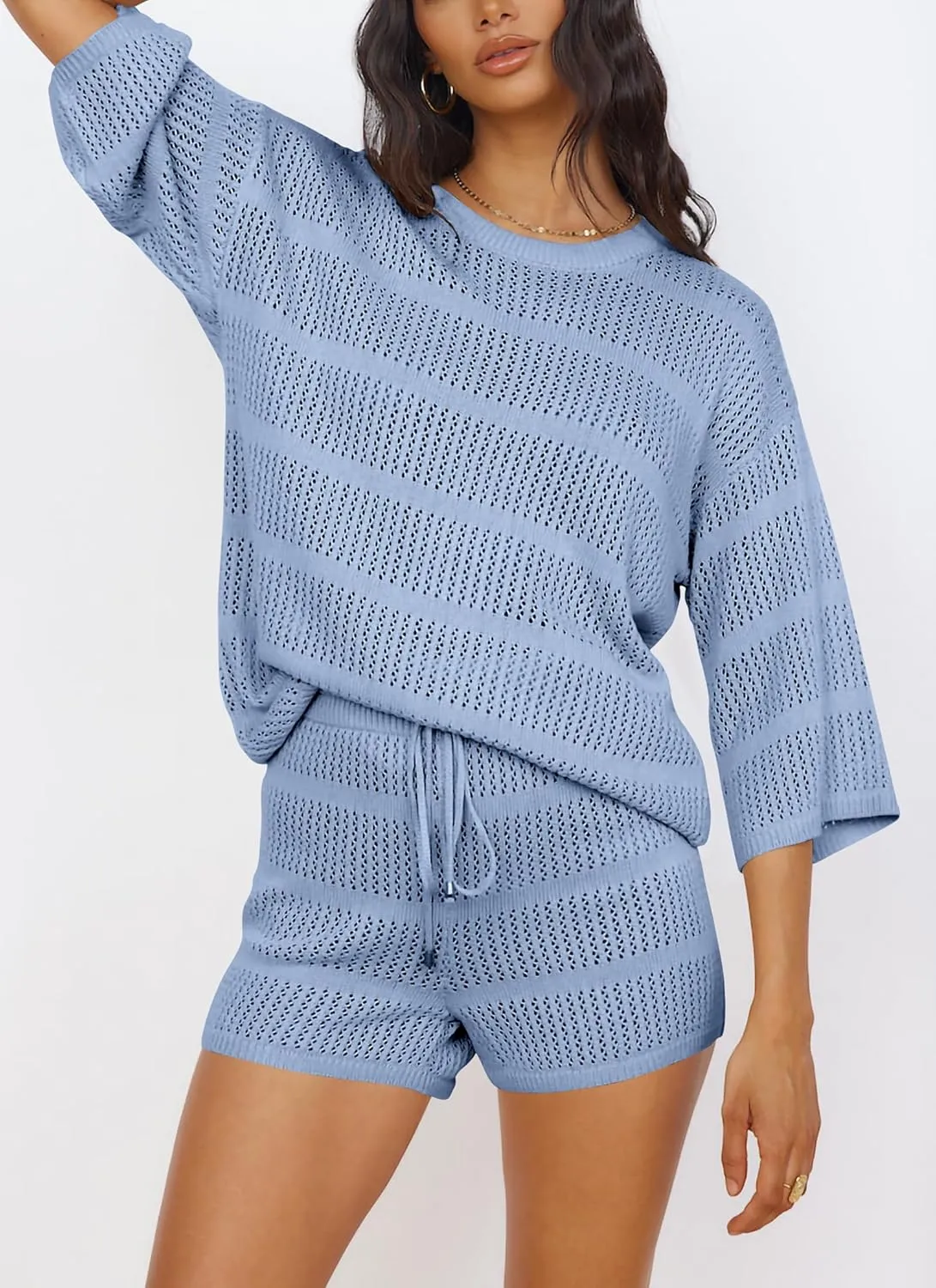 PRETTYGARDEN Women's Summer 2 Piece Cover up Knit Swimsuit Short Sleeve Tops Shorts Sets Bathing Suit Beach Outfits