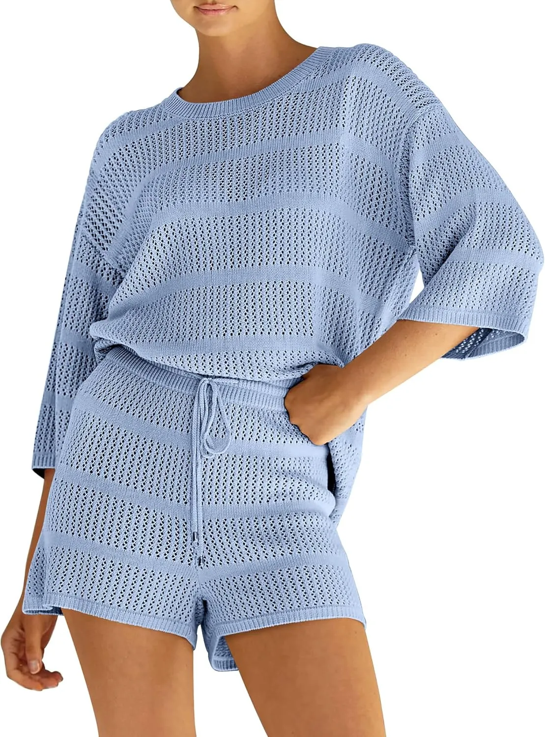 PRETTYGARDEN Women's Summer 2 Piece Cover up Knit Swimsuit Short Sleeve Tops Shorts Sets Bathing Suit Beach Outfits