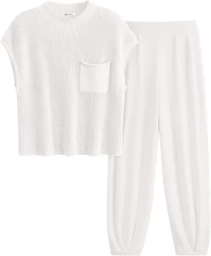 PRETTYGARDEN Womens Two Piece Outfits Sweater Sets Knit Pullover Tops And High Waisted Pants Matching Tracksuit Sweatsuit Set