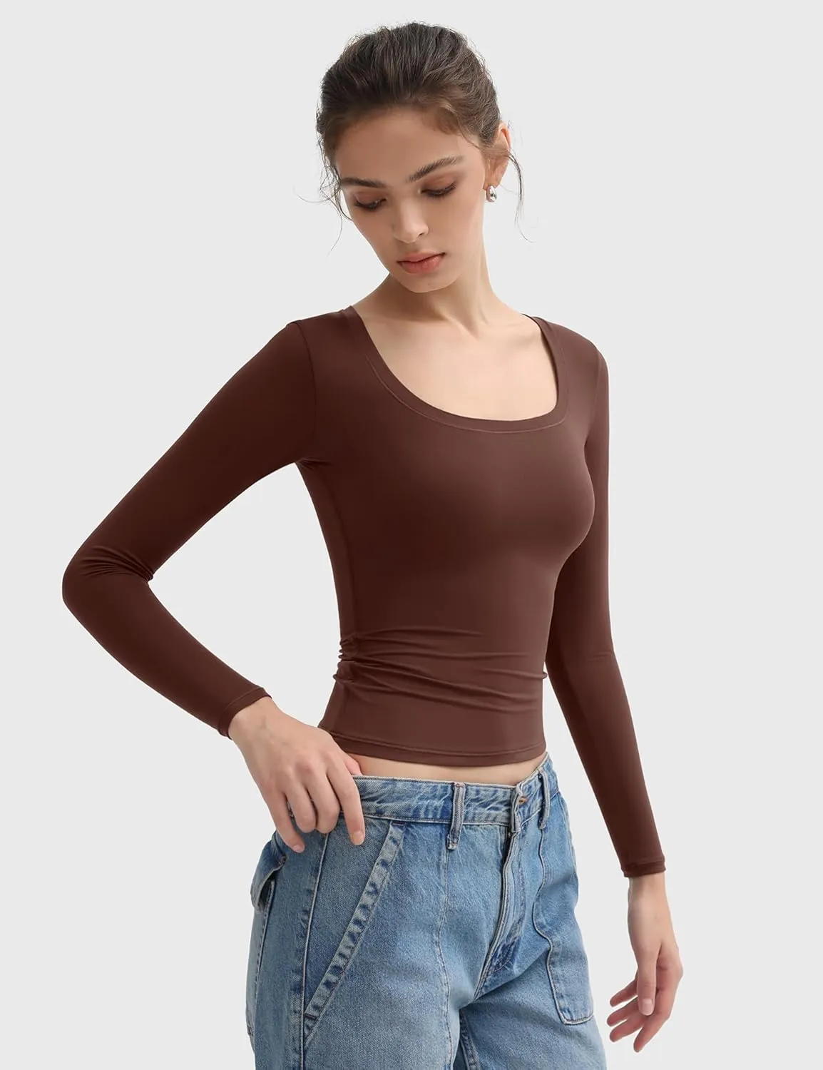PUMIEY Women's Long Sleeve T Shirts Scoop Neck Slim Fit Going Out Tops Double Lined Basic Tee Smoke Cloud Collection
