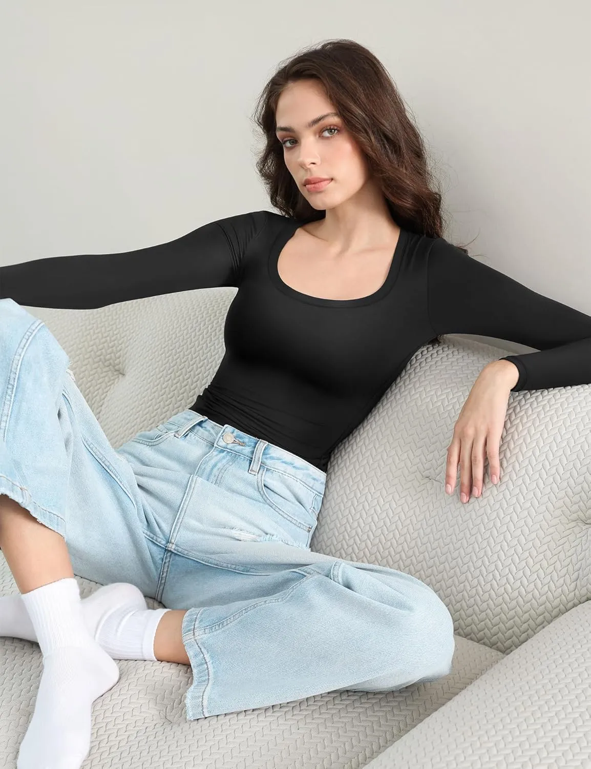 PUMIEY Women's Long Sleeve T Shirts Scoop Neck Slim Fit Going Out Tops Double Lined Basic Tee Smoke Cloud Collection