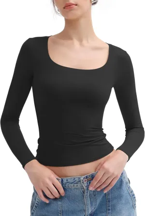 PUMIEY Women's Long Sleeve T Shirts Scoop Neck Slim Fit Going Out Tops Double Lined Basic Tee Smoke Cloud Collection