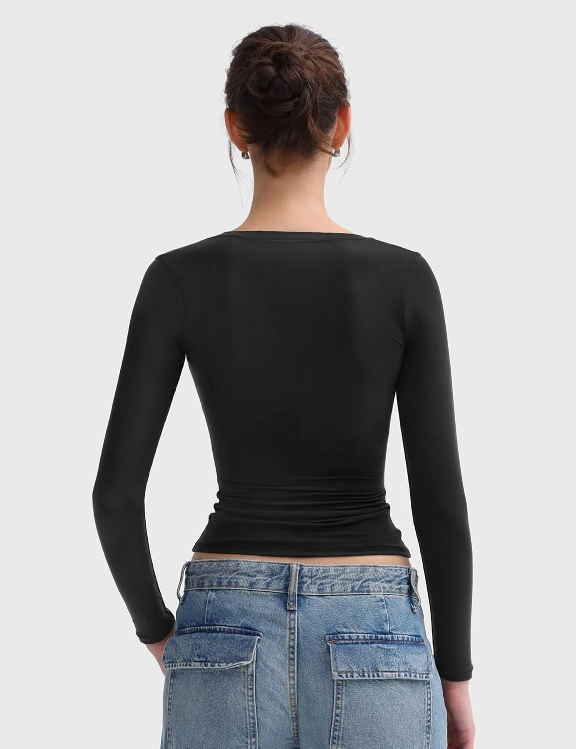 PUMIEY Women's Long Sleeve T Shirts Scoop Neck Slim Fit Going Out Tops Double Lined Basic Tee Smoke Cloud Collection