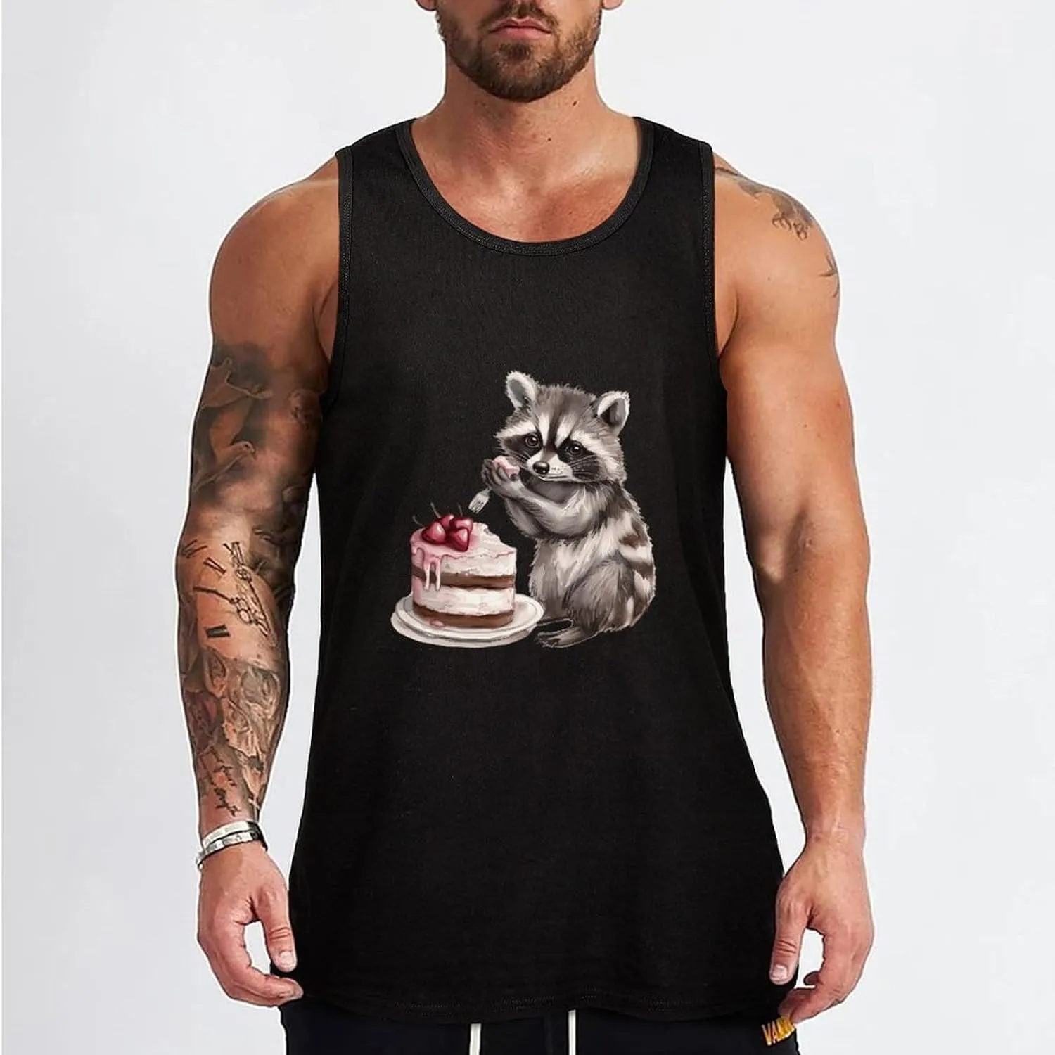 Raccoon and Cake Mens Tank Top Cotton Undershirt Crewneck Sleeveless Shirt for Summer