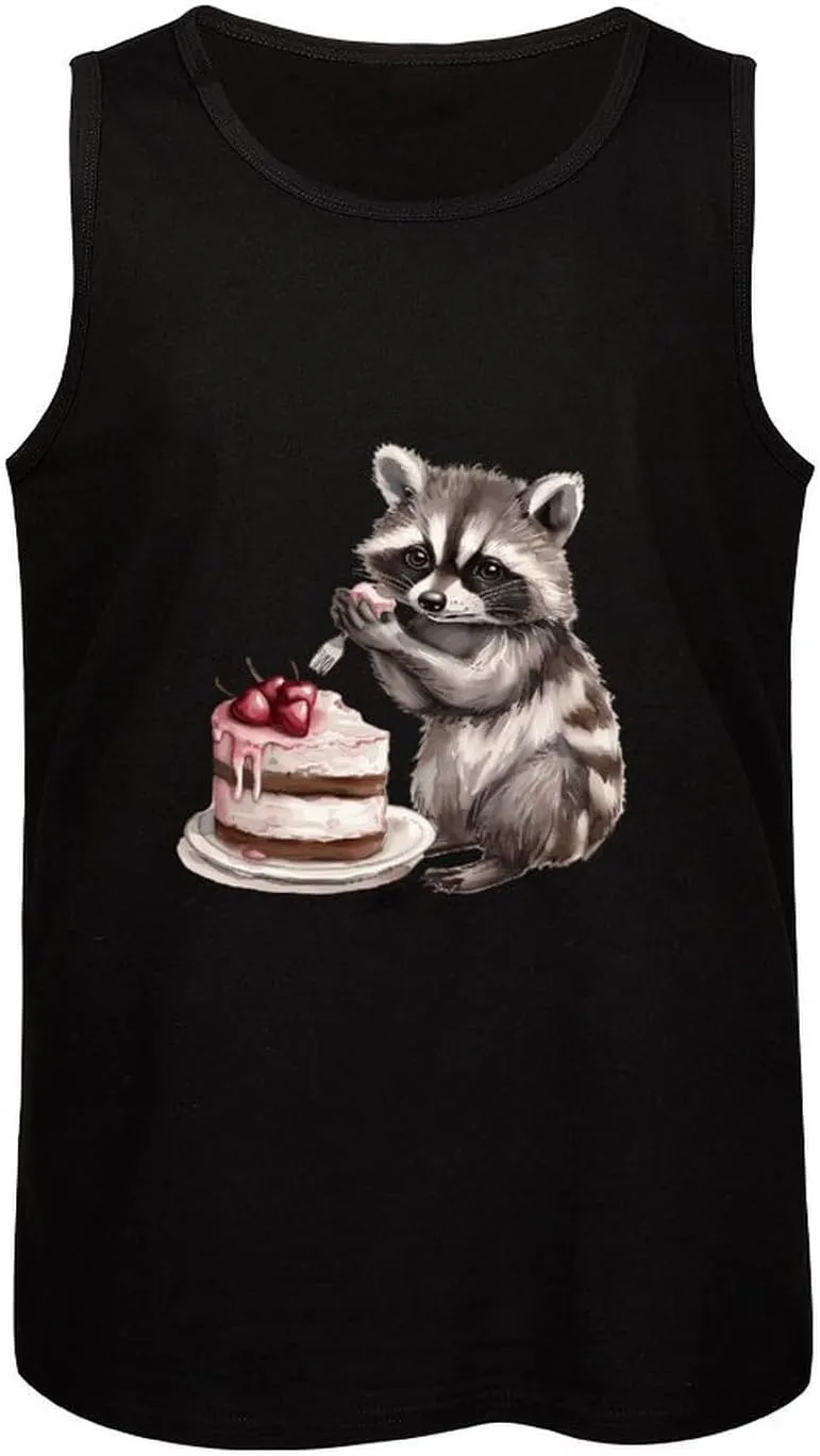 Raccoon and Cake Mens Tank Top Cotton Undershirt Crewneck Sleeveless Shirt for Summer