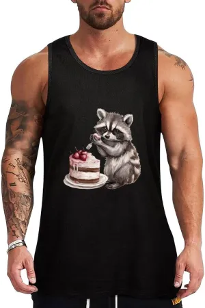 Raccoon and Cake Mens Tank Top Cotton Undershirt Crewneck Sleeveless Shirt for Summer