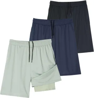 Real Essentials 3 Pack: Men's 2 in 1 Mesh 7" Running Workout Gym Shorts with Compression Liner (Available in Big & Tall)