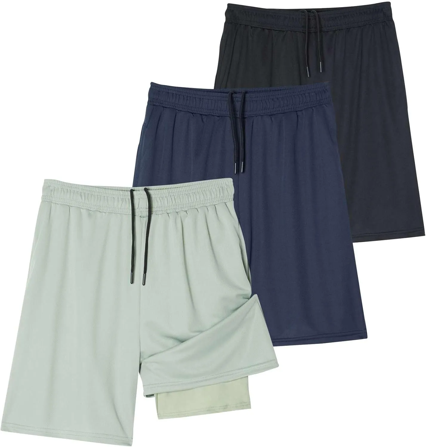 Real Essentials 3 Pack: Men's 2 in 1 Mesh 7" Running Workout Gym Shorts with Compression Liner (Available in Big & Tall)