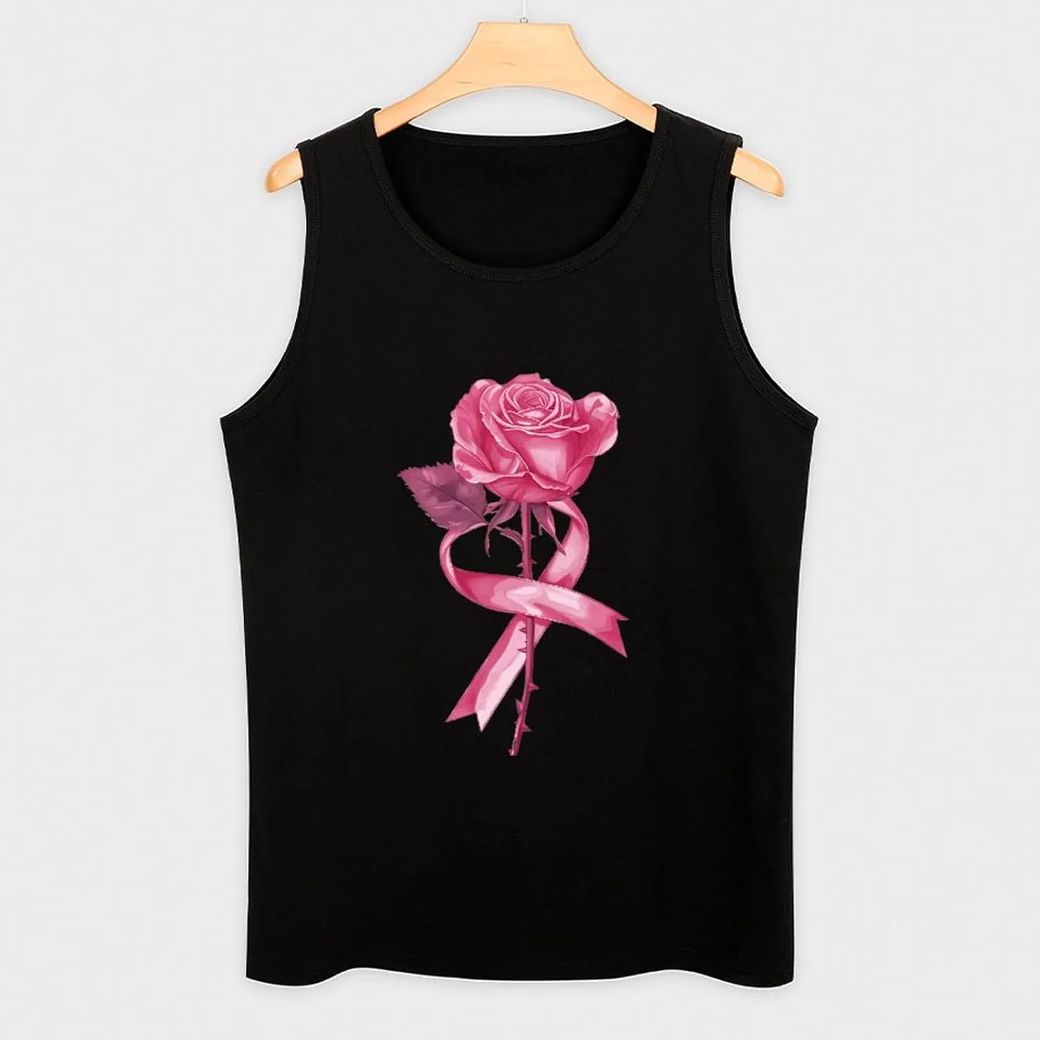 Ribbon Cancer and Rose Mens Tank Top Cotton Undershirt Crewneck Sleeveless Shirt for Summer