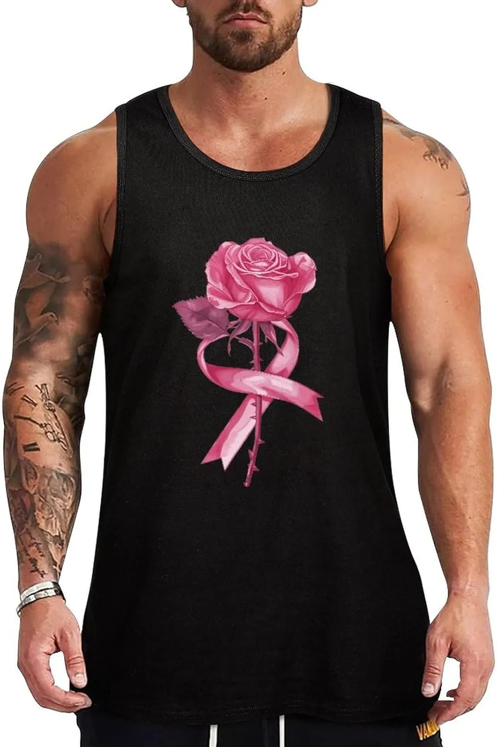 Ribbon Cancer and Rose Mens Tank Top Cotton Undershirt Crewneck Sleeveless Shirt for Summer