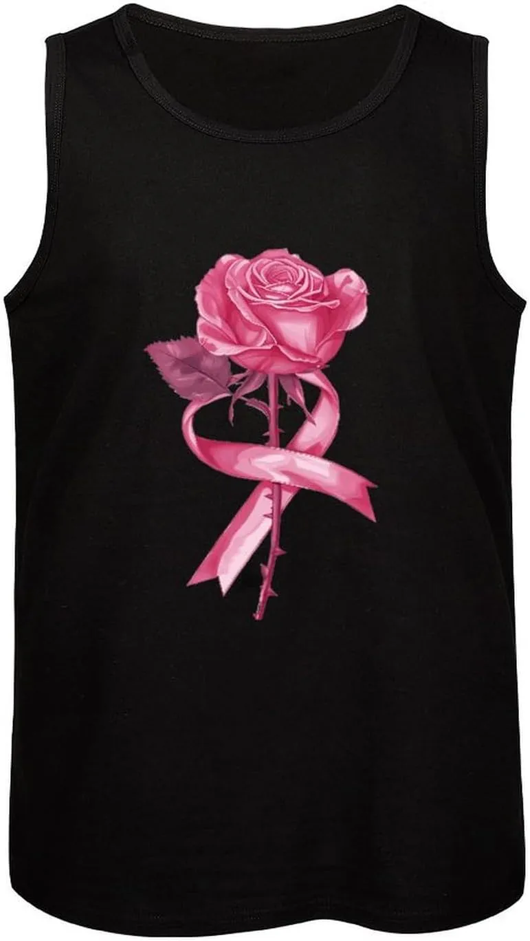 Ribbon Cancer and Rose Mens Tank Top Cotton Undershirt Crewneck Sleeveless Shirt for Summer