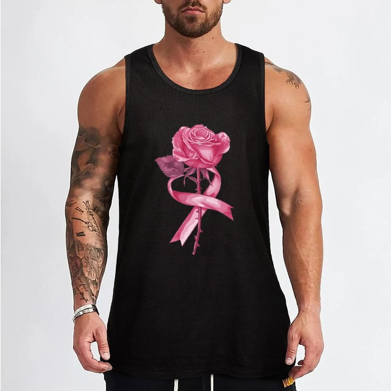 Ribbon Cancer and Rose Mens Tank Top Cotton Undershirt Crewneck Sleeveless Shirt for Summer