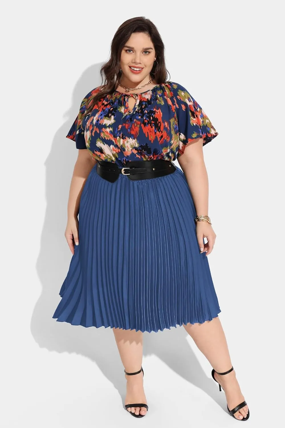 RITERA Plus Size Pleated Skirts for Women A Line Skirt High Elasitc Midi Swing Skirts