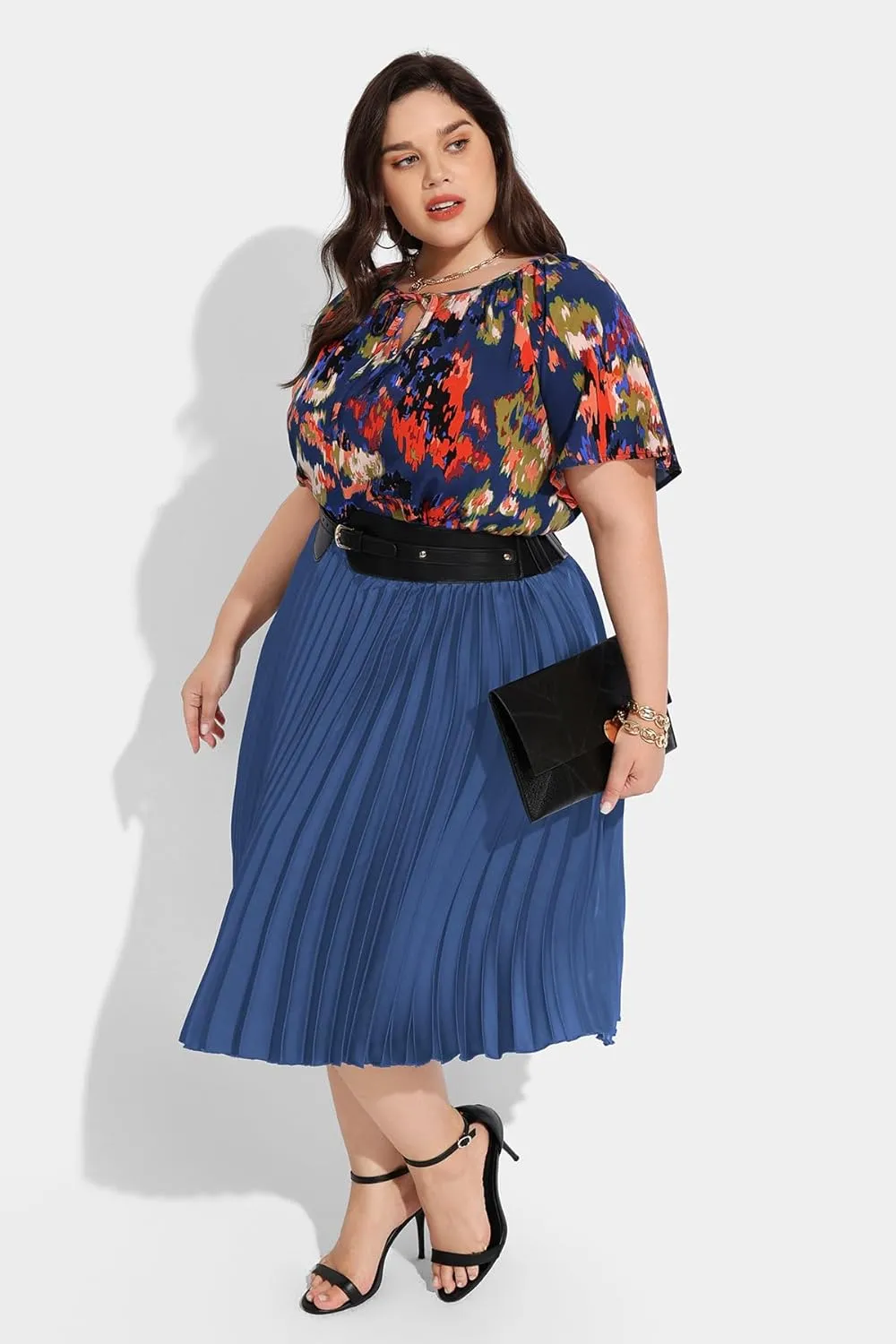 RITERA Plus Size Pleated Skirts for Women A Line Skirt High Elasitc Midi Swing Skirts