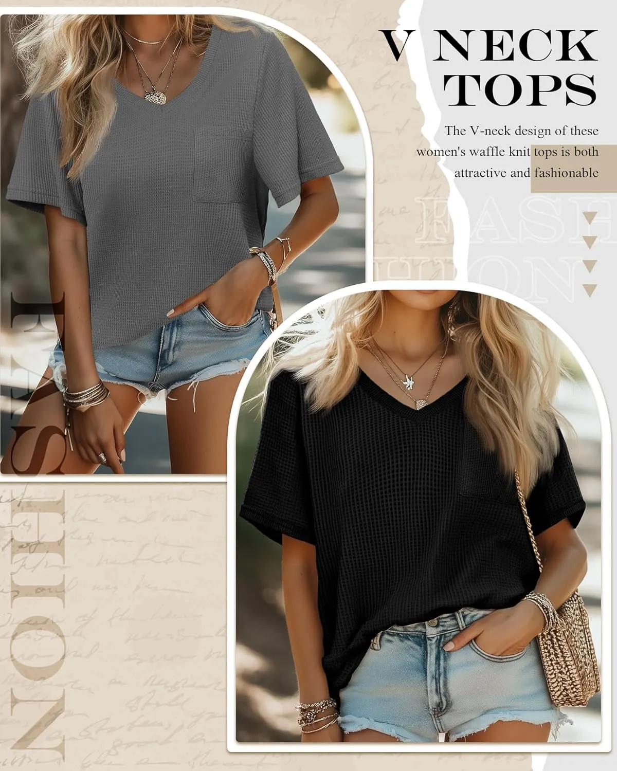 Riyiper 3 Pack Womens V Neck T-Shirts Short Sleeve Waffle Knit Oversized Loose Fit Casual Summer Tees Basic Tops