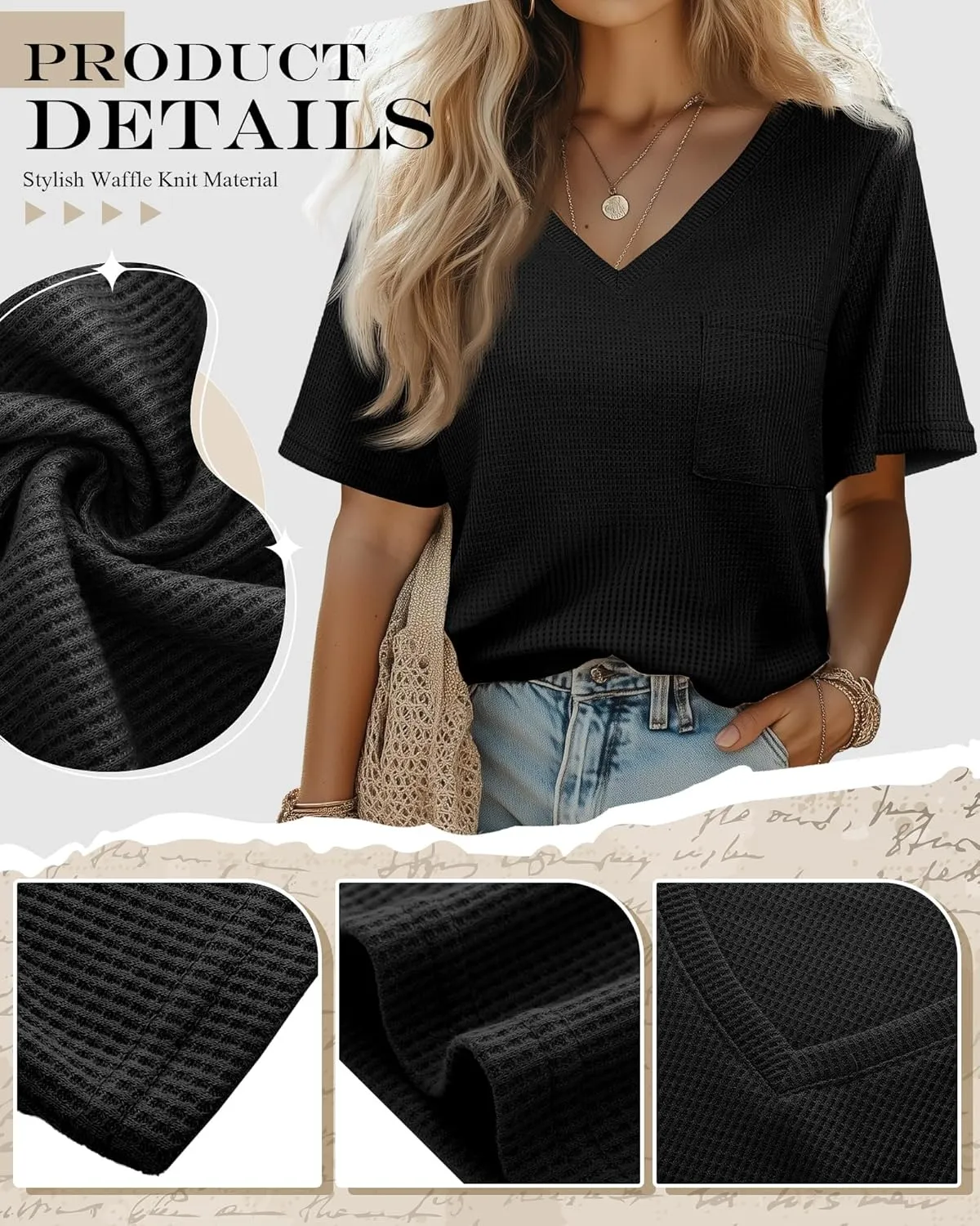 Riyiper 3 Pack Womens V Neck T-Shirts Short Sleeve Waffle Knit Oversized Loose Fit Casual Summer Tees Basic Tops