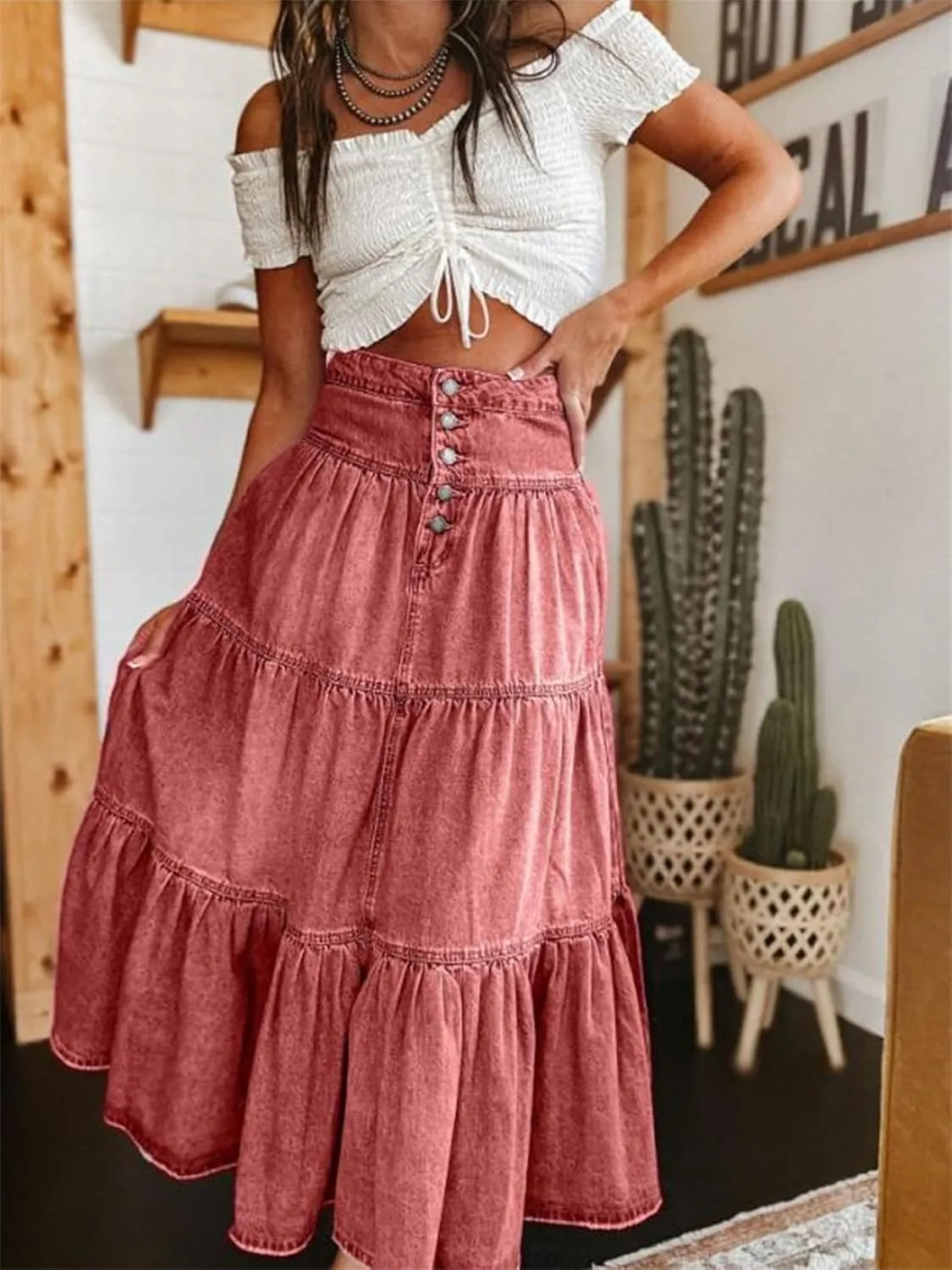 Ruffle Denim Maxi Skirts for Women Y2K High Waist Tiered Ruffle Swing A Line Long Jeans Skirt Vintage Boho Flowy Skirt