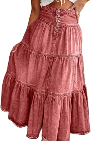 Ruffle Denim Maxi Skirts for Women Y2K High Waist Tiered Ruffle Swing A Line Long Jeans Skirt Vintage Boho Flowy Skirt