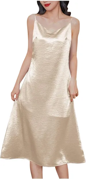 Satin Silk Midi Dress for Women Spaghetti Strap Cowl Neck Dresses Casual Fashion Ruched Evening Party Cocktail Dress