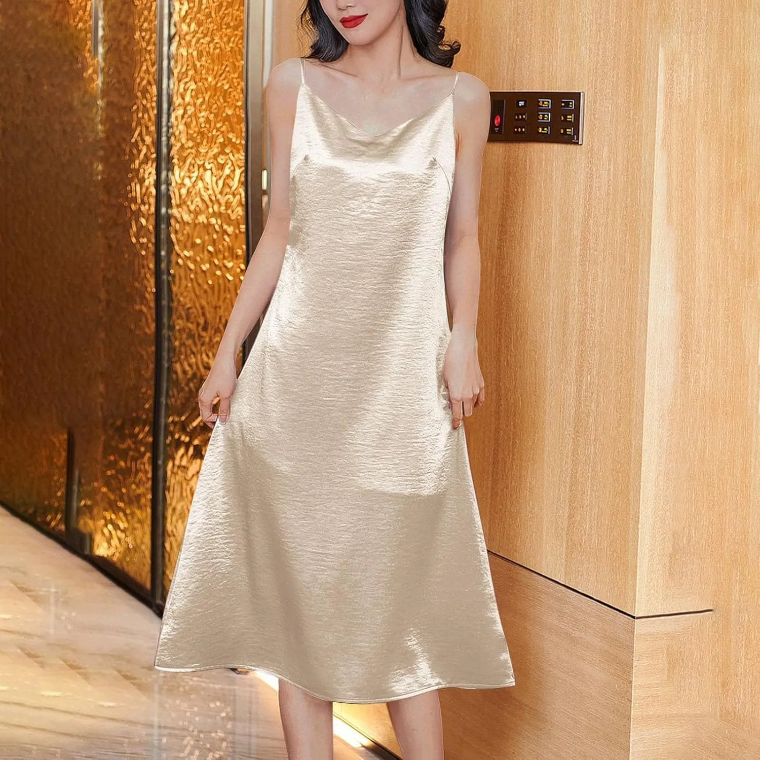 Satin Silk Midi Dress for Women Spaghetti Strap Cowl Neck Dresses Casual Fashion Ruched Evening Party Cocktail Dress