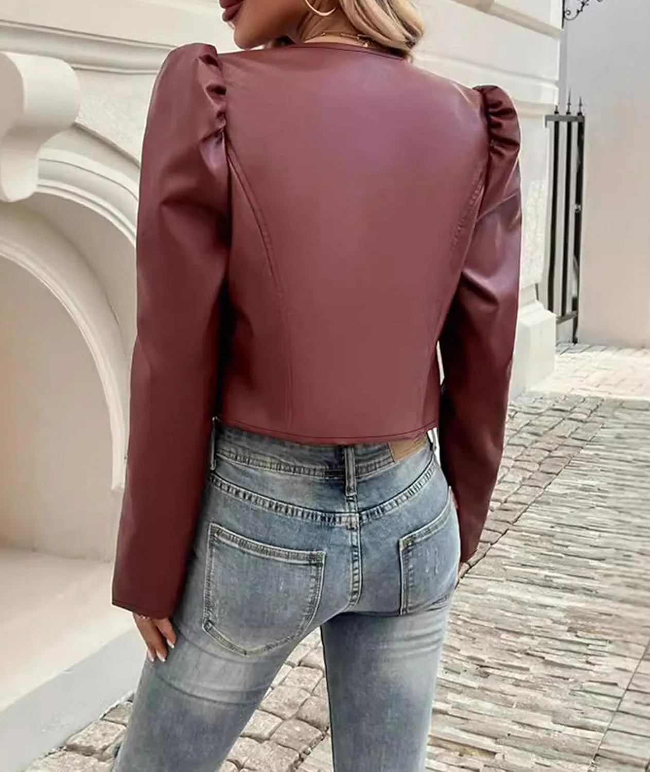 SEMATOMALA Women's Puff Sleeve Cropped Jacket Faux Leather Bolero Blazer Long Sleeve Open Front PU Cardigan