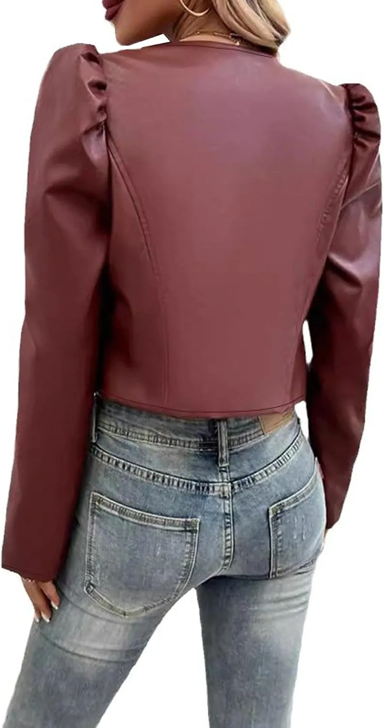 SEMATOMALA Women's Puff Sleeve Cropped Jacket Faux Leather Bolero Blazer Long Sleeve Open Front PU Cardigan