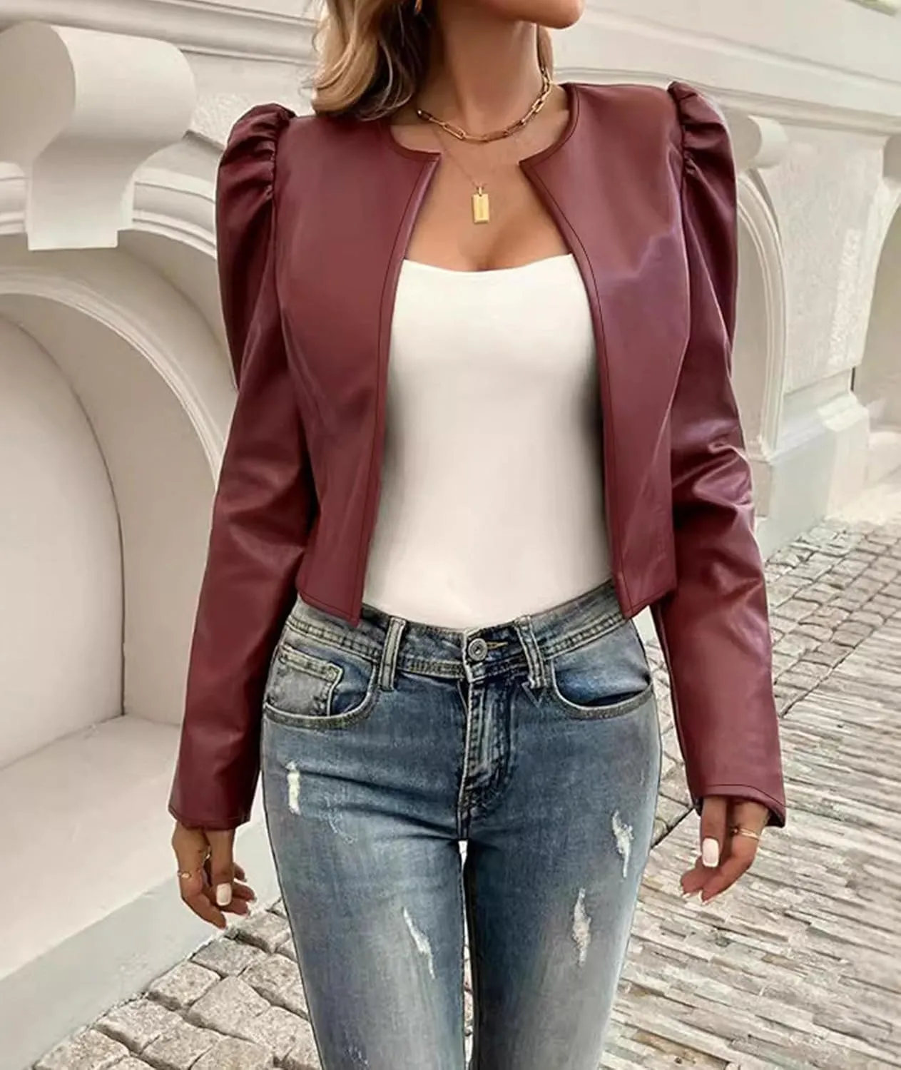 SEMATOMALA Women's Puff Sleeve Cropped Jacket Faux Leather Bolero Blazer Long Sleeve Open Front PU Cardigan