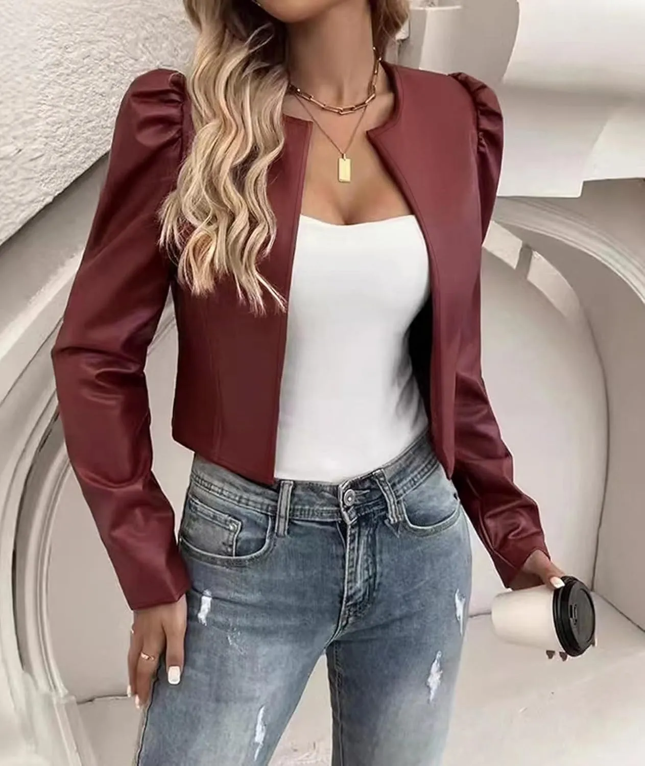 SEMATOMALA Women's Puff Sleeve Cropped Jacket Faux Leather Bolero Blazer Long Sleeve Open Front PU Cardigan