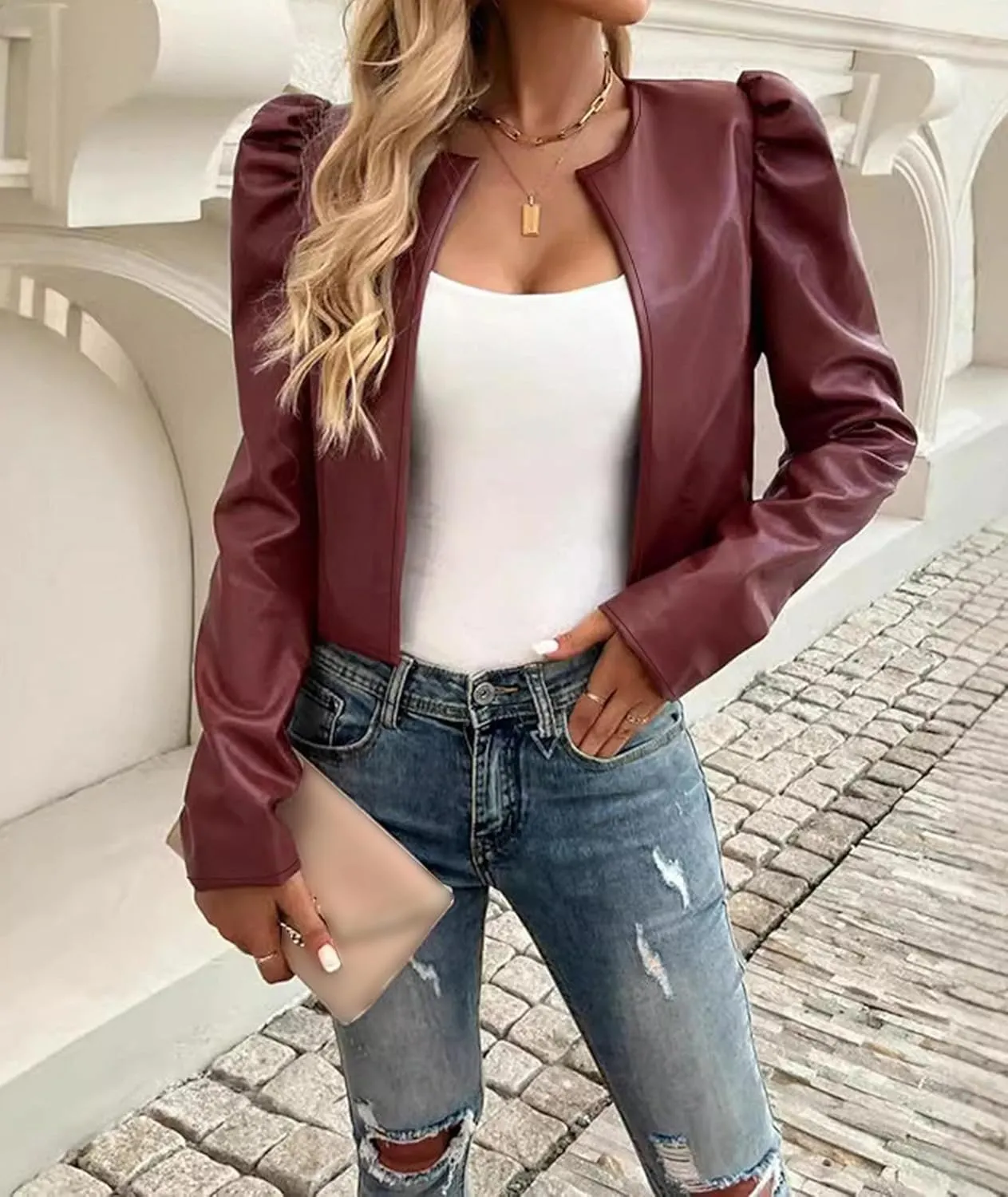 SEMATOMALA Women's Puff Sleeve Cropped Jacket Faux Leather Bolero Blazer Long Sleeve Open Front PU Cardigan