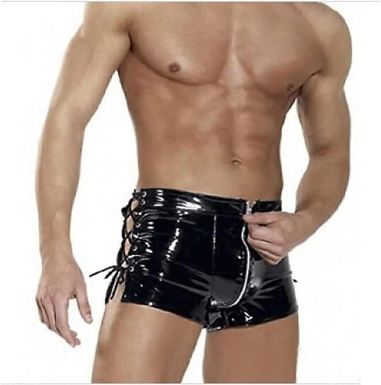 Sexy Men Shiny PVC Boxer Male Latex Shorts Faux Leather Brief Zipper Lace Up Costume Faux Leather Tight Fit Short Pants