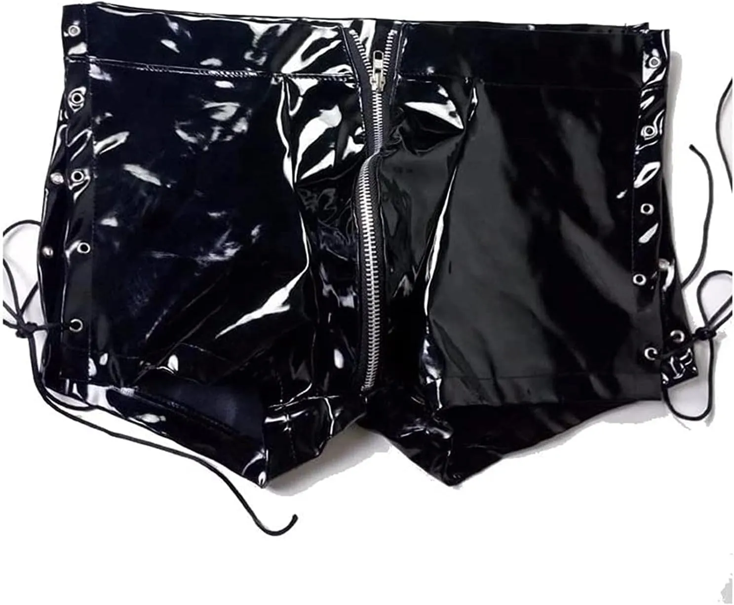 Sexy Men Shiny PVC Boxer Male Latex Shorts Faux Leather Brief Zipper Lace Up Costume Faux Leather Tight Fit Short Pants