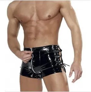 Sexy Men Shiny PVC Boxer Male Latex Shorts Faux Leather Brief Zipper Lace Up Costume Faux Leather Tight Fit Short Pants