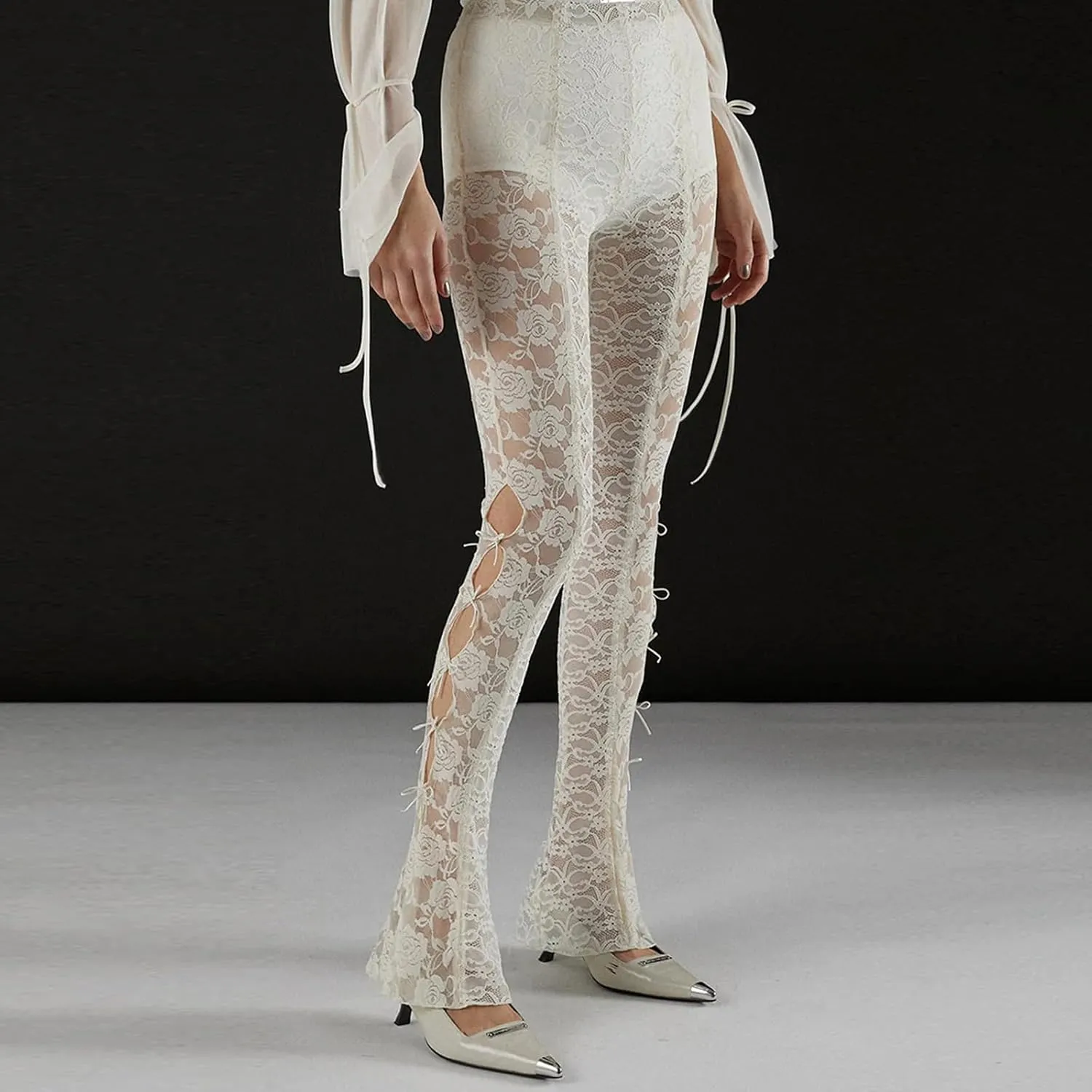 Sexy Women Y2K Lace Flare Pants High Waist See-Through Sheer Mesh Leggings Coquette Wide Leg Bell-Bottom Trousers